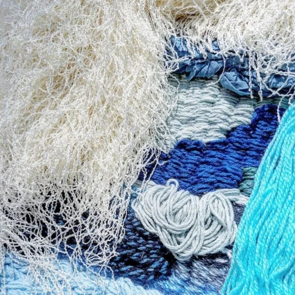 Large blue & white woven tapestry- tassel texture wall hanging